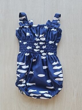 Rachel Riley Navy and White Fish Print One-Piece Swimsuit